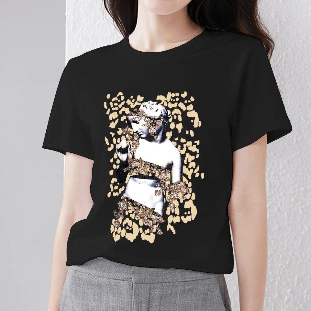 Retro Frauen Kleidung T-shirt Casual Slim Top Einfache Schwarz Pendler Kurzarm Lustige Skulptur Print Damen Mode O-ansatz Top