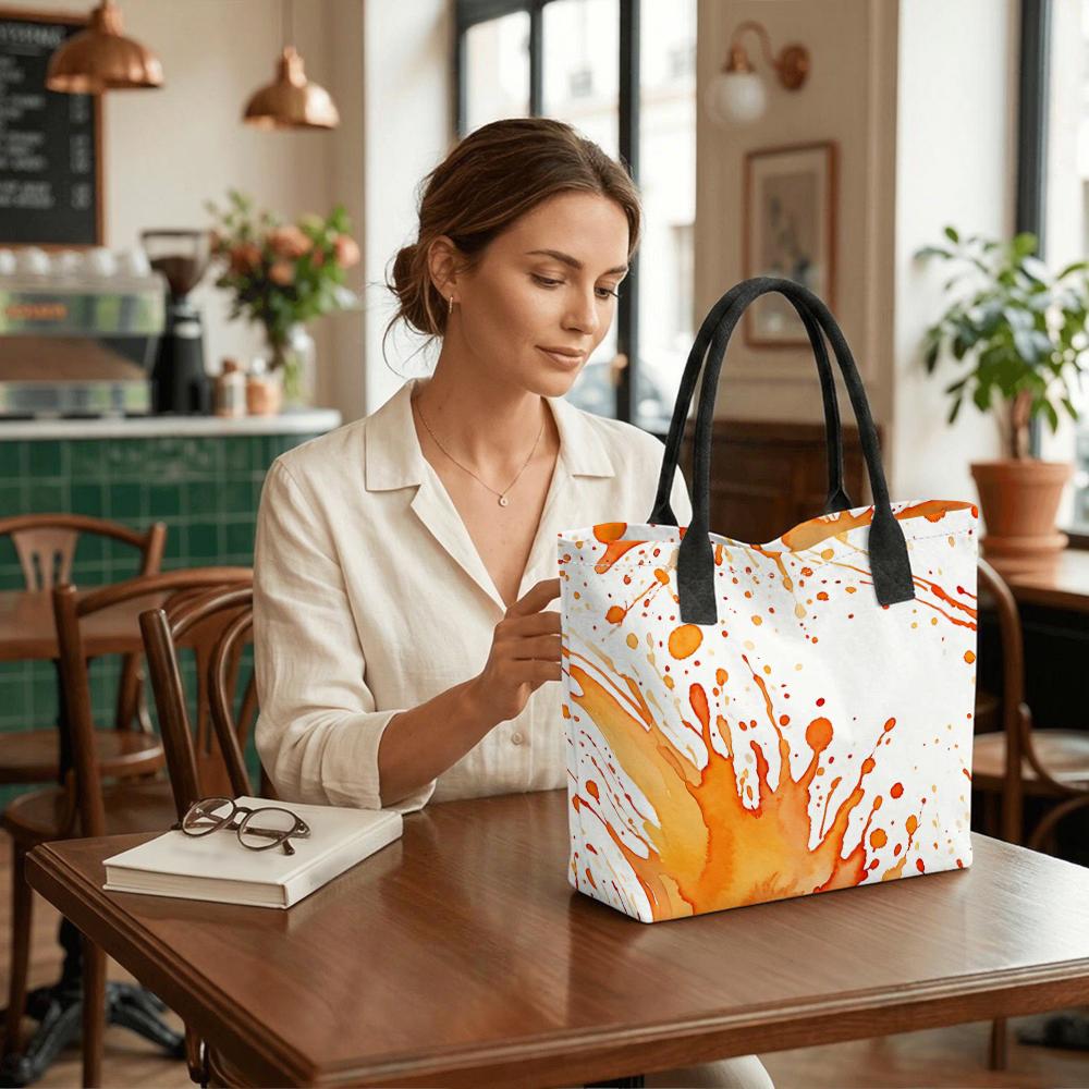 Orange Splatter Print Canvas Tote Bag Casual Large Capacity Daily Shoulder Handbag