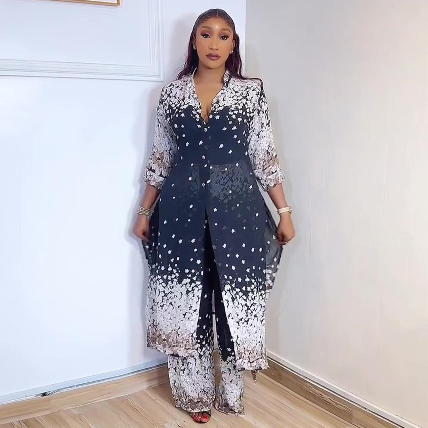 Women s 2026 Spring New Elegant Printed Shirt and Wide-Leg Pants Set S