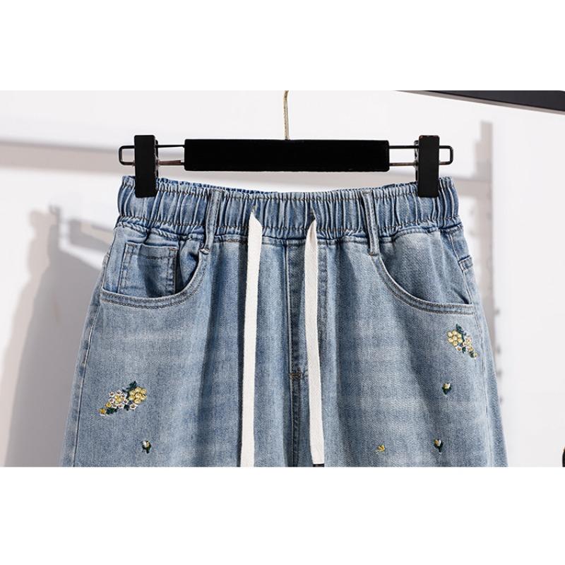 DIMANAF 2026 Summer New Plus Size Women Embroidered Floral Denim Shorts Casual Elastic Waist Short Pants Jeans