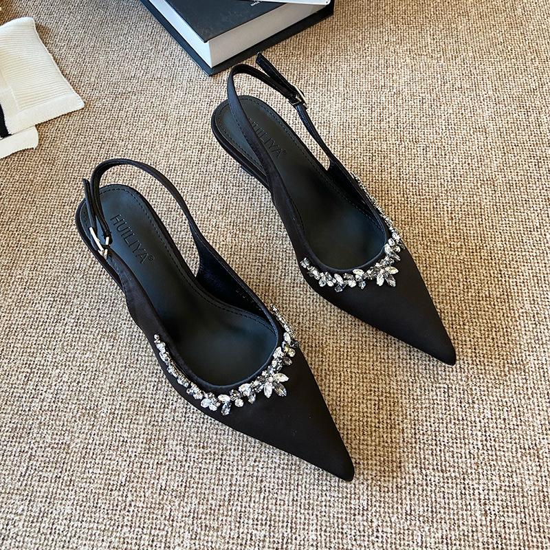 F8688-6 sexy empty shoes 2025 new small fragrant style high heels thin heel French temperament pointed rhinestones