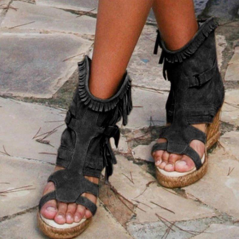 Sandały damskie Lato 34-43 plus Size Buty damskie platforma Koturny Buty z frędzlami Zamknięte palce Rybie usta Buty damskie