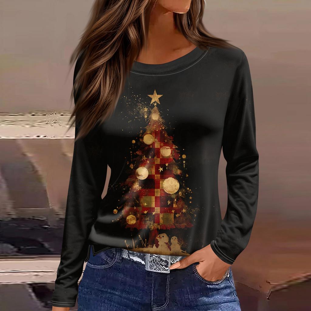 Dame Mote Casual Slitt Kant Rund Hals Langermet Løs Trykket T-skjorte Topp