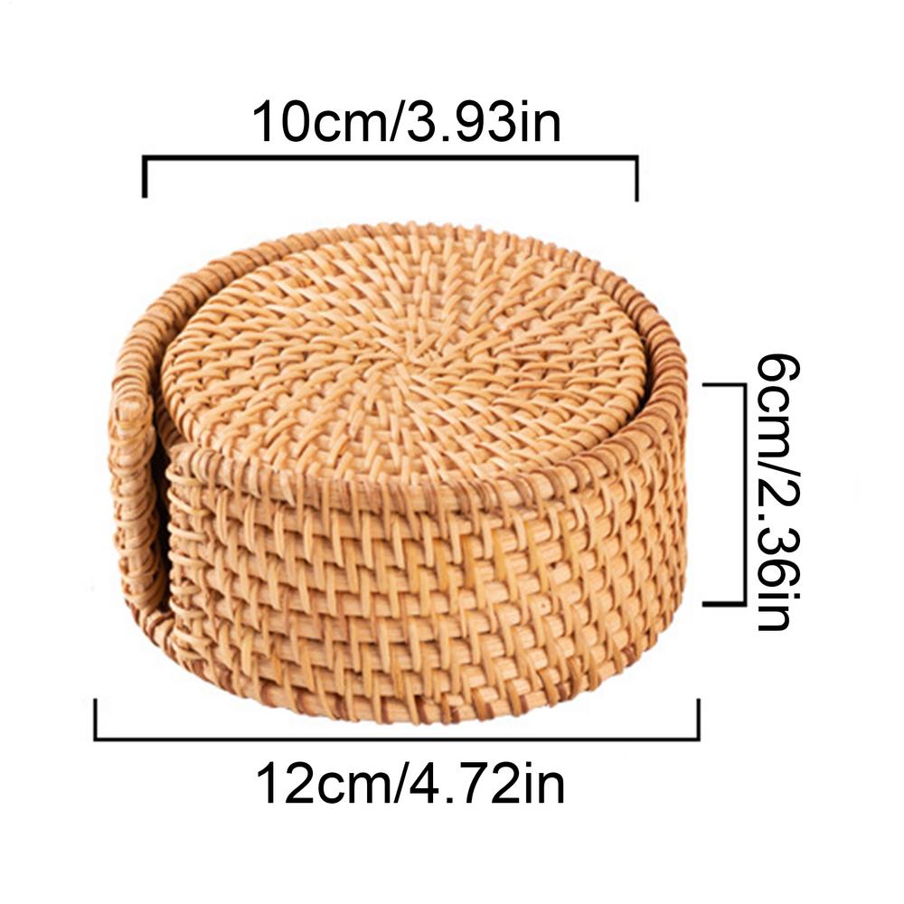 Boho Coasters 6-Piece Natural Rattan Round Heat-Resistant Woven Drink Coasters Table Mat for Home Kitchen Dining Living Room