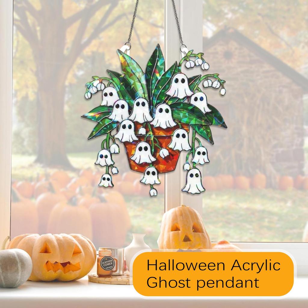Halloween Acrylic Ghost Hanging Decoration with Plant Design for Indoor Outdoor Use Seasonal Holiday Ornament Hanging Chain Included