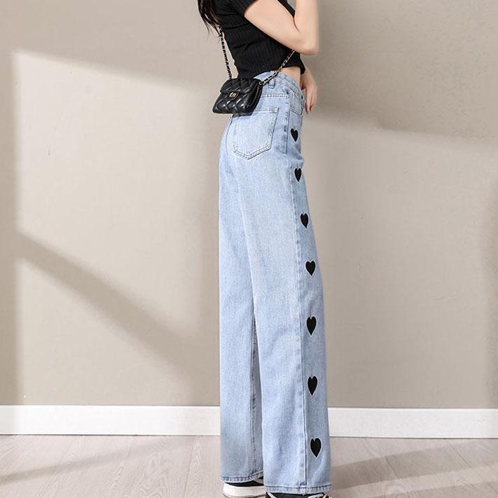 Women's Large Size Printed Long Jeans Female Casual Wide Leg High Waist Pants Loose Versatile Street Style Straight Pants