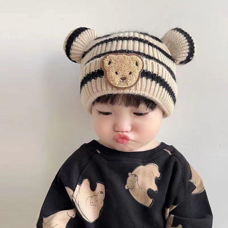 Autumn and Winter Children's Warm Hat, Cute Striped Bear Hat, Korean Style Baby Matching Double-ball Knitted Hat for Boys and Girls