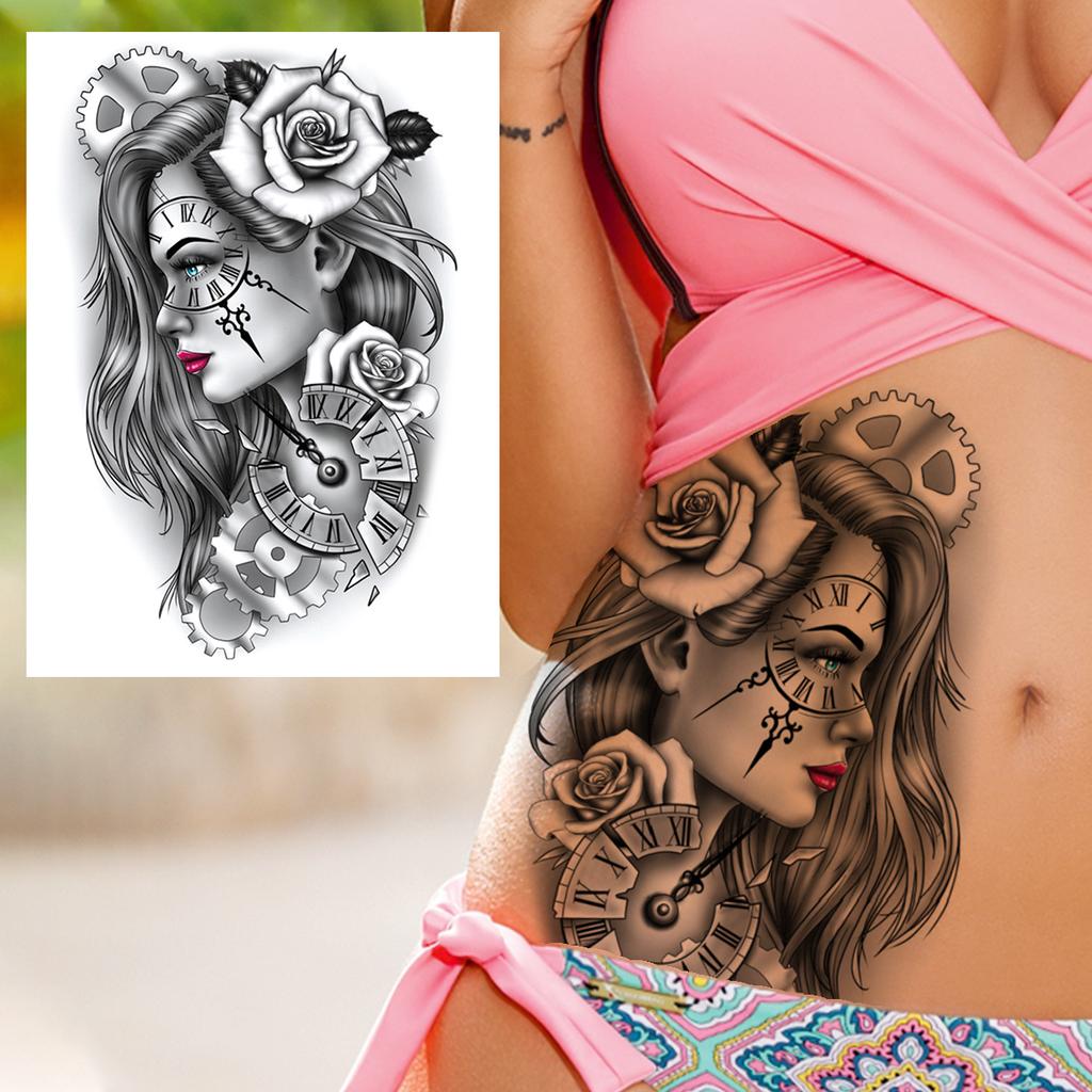 Sexy Tiger Flower Temporary Tattoo For Women Girl Skull Leopard Lion Tattoos Sticker Black Fake Tribal Animal Large Wasit Tattos