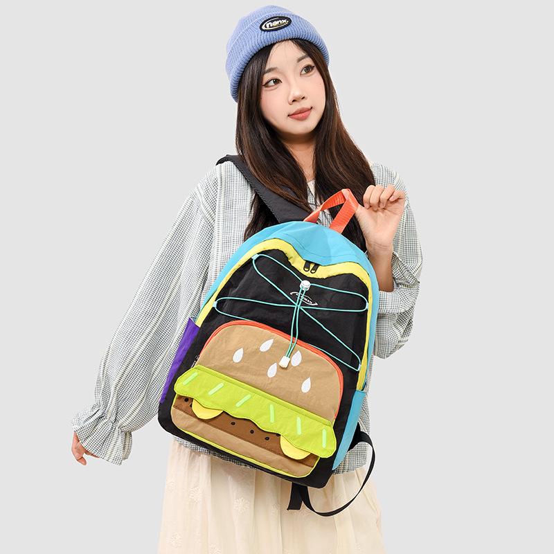 Schoolbag manufacturers wholesale women's burgers cute personality backpack large capacity high value multi-compartment versatile backpack