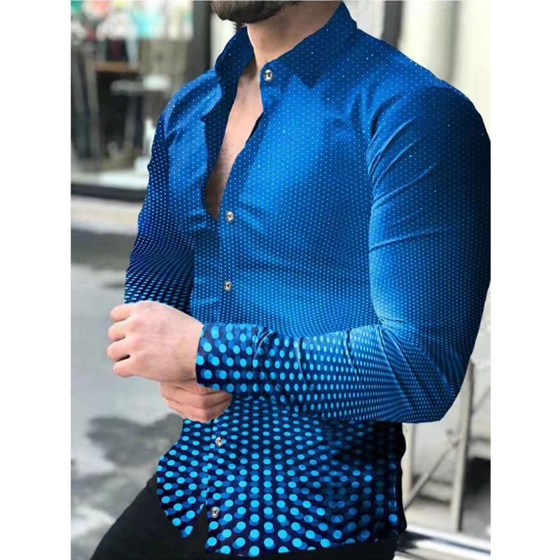 2026 Europa e Estados Unidos Nova Primavera Camisa Masculina de Manga Longa Camisa Plus Size Gradiente Slim Estampa Geométrica Camisa Casual