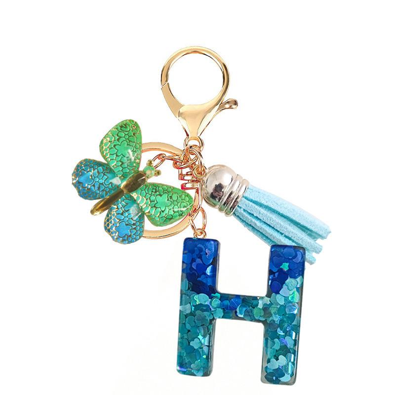 Fashion Blue Glazed Stone A To Z Letter Keychain 26 Initials Alphabet Butterfly Tassel Pendant Car Key Chain Women Jewelry GIfts