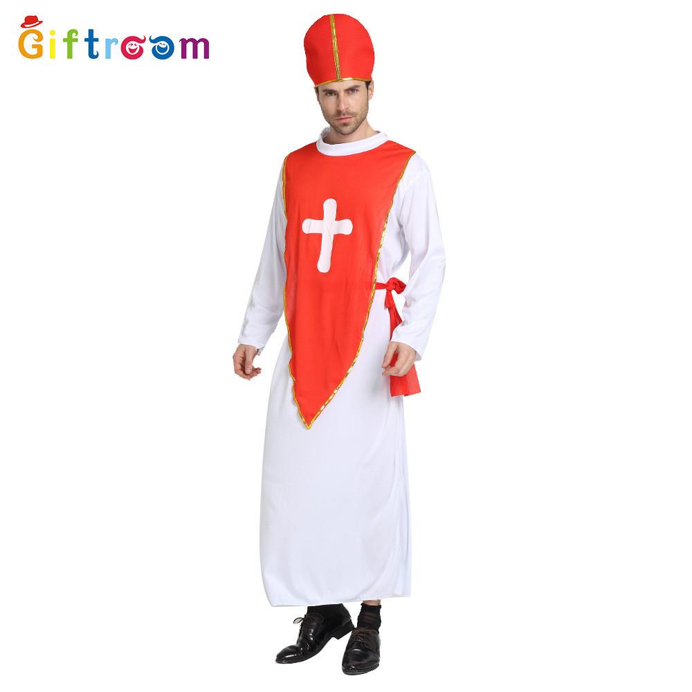 Halloween Themed Party Costume For Men Featuring Creepy Red Cross Priest Design
