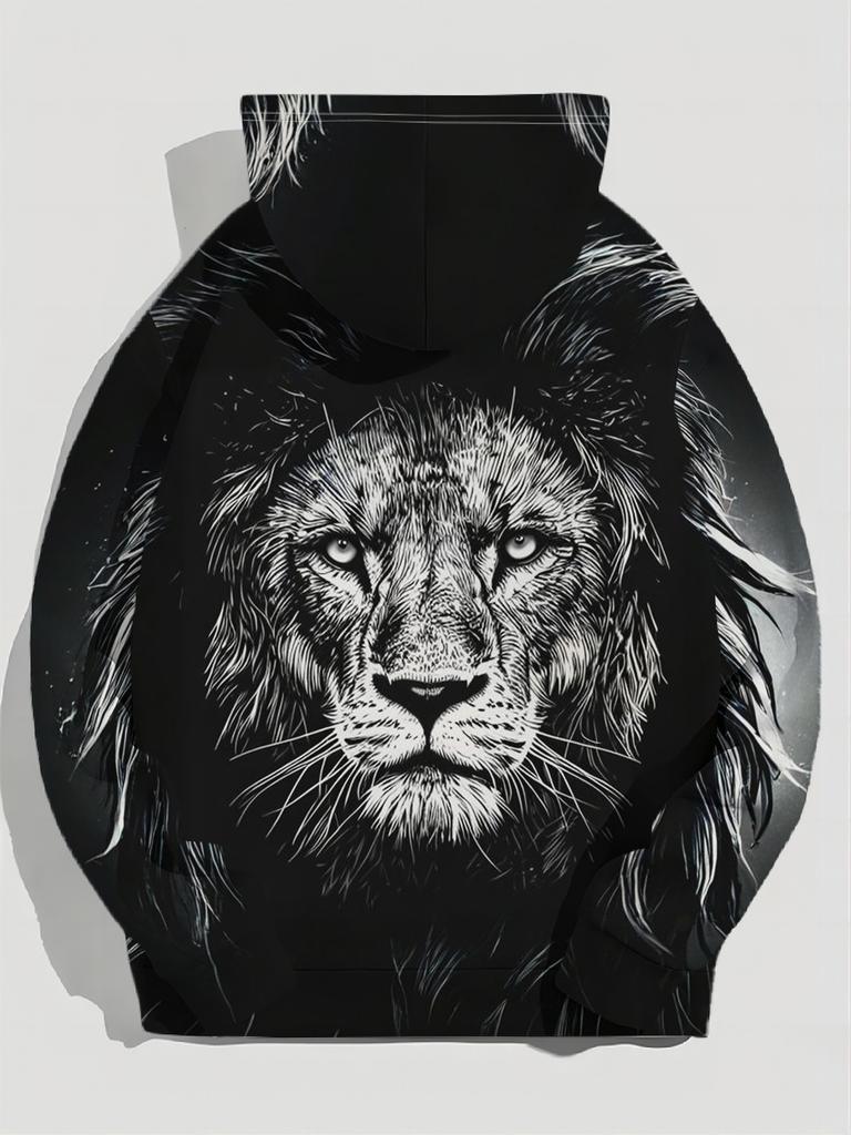 Men's Trendy Streetwear Hoodie with Black and White Pixelated Lion Head Design.