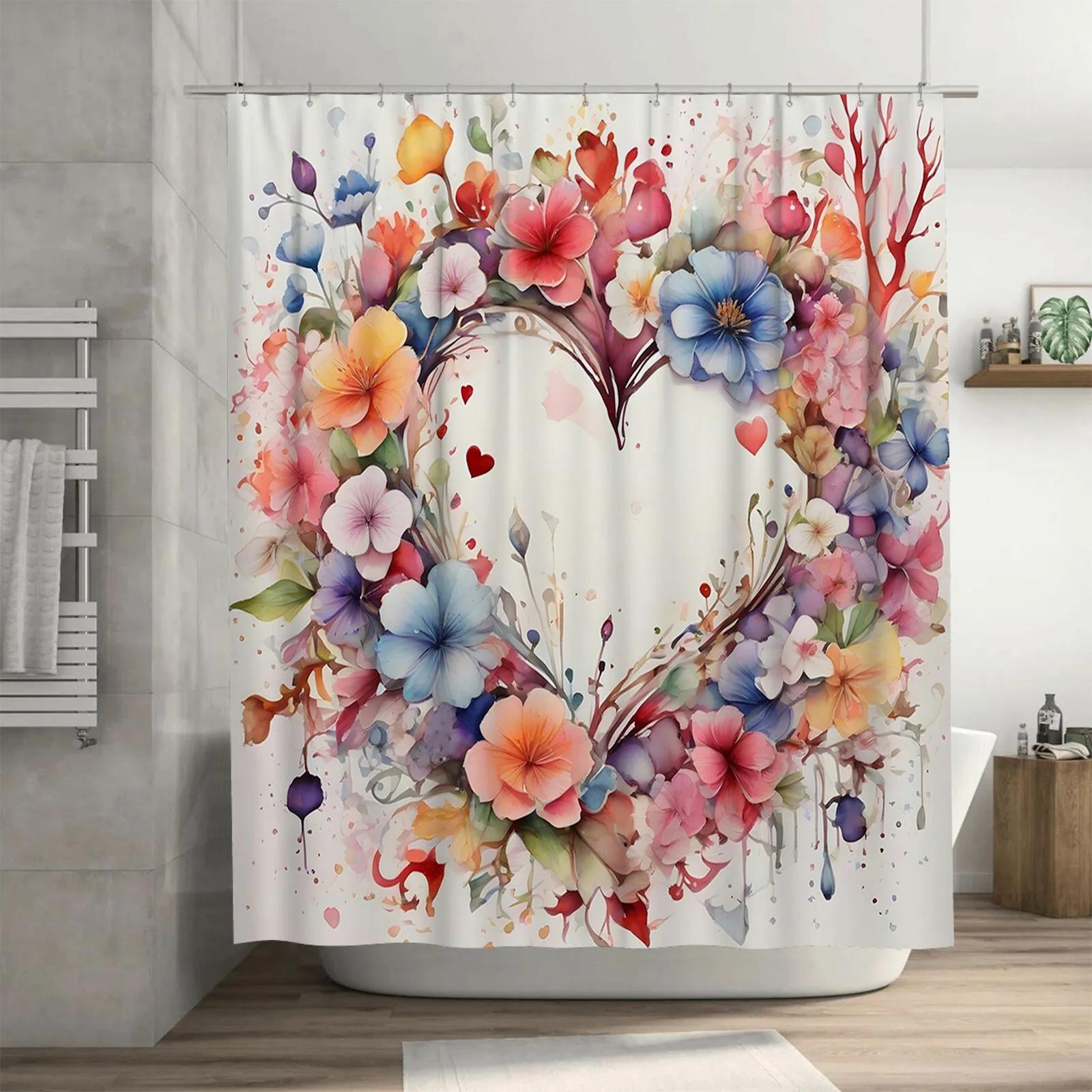 

Romantic Floral Heart Shower Curtain - Vibrant Watercolor Flowers And Hearts For A Charming And Stylish Bathroom Dcor W60H190(CM)-1 Pcs