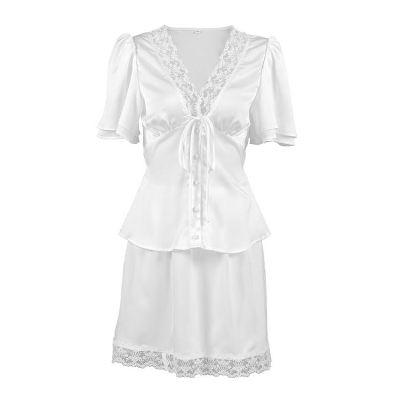 Womens Satin 2-Piece Dress Set Lace Short Sleeve Top Old Money Style