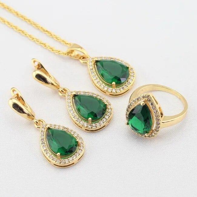 

WPAITKYS Зеленый Изумрудно-Белый CZ Золотой Цвет Ювелирные Наборы Для Женщин Серьги-Подвески Ожерелье Подвески Кольца Бесплатная Подарочная Коробка 7