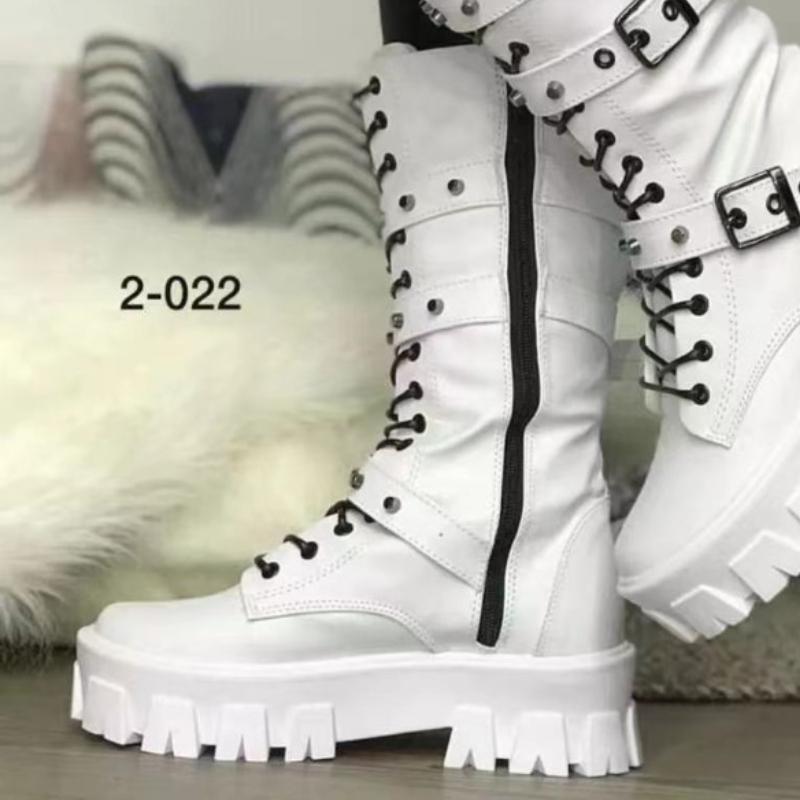 Damskor Ny Mode Stövlar med Korsband Sidozipp Moderna Stövlar Dam Högkvalitativt Spänne Mid-Calf Stövlar