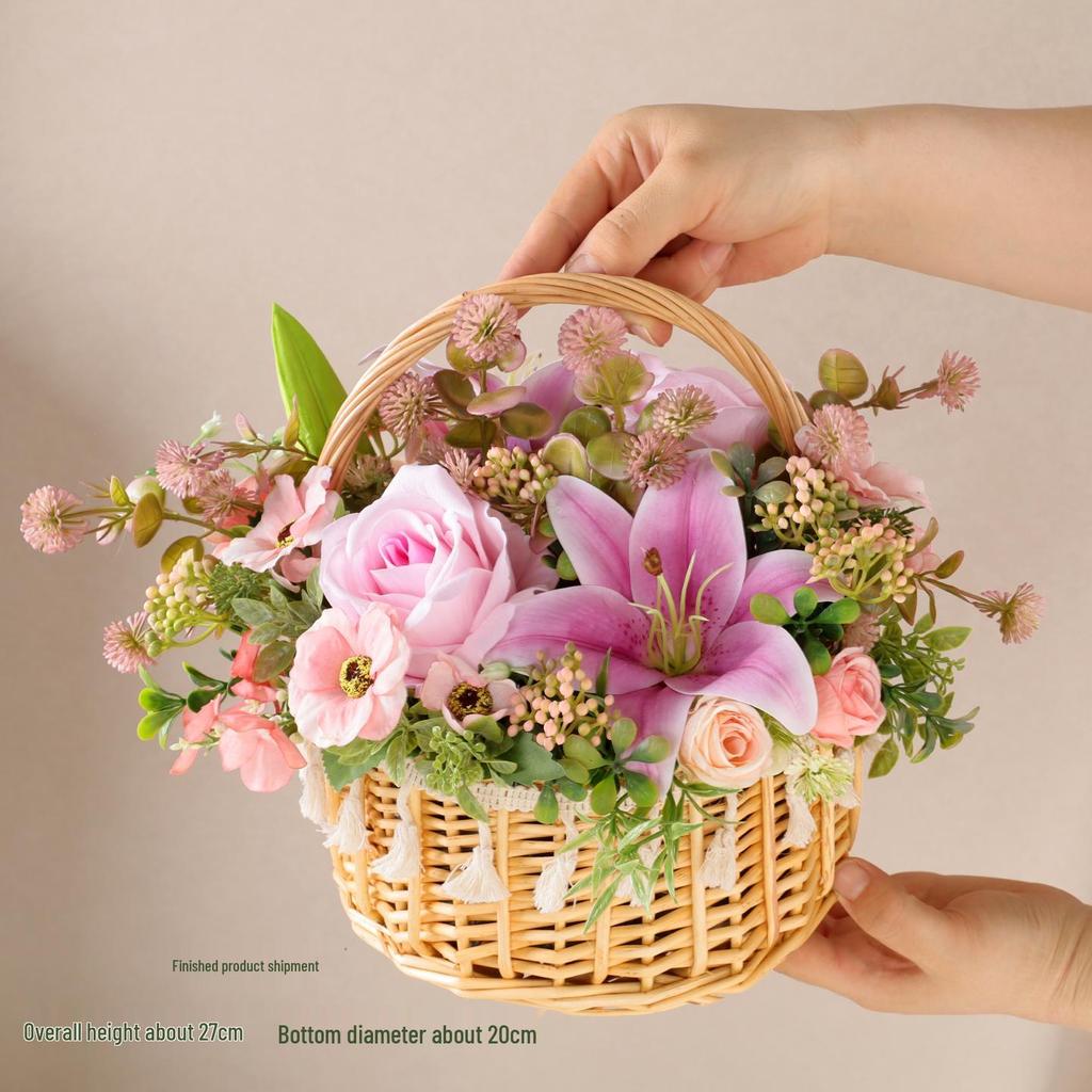 Floral Pastoral Wood Art: Straw, Willow, Rattan Weaving with Artificial Flowers and Basket Ornaments for Home and Living Room Décor