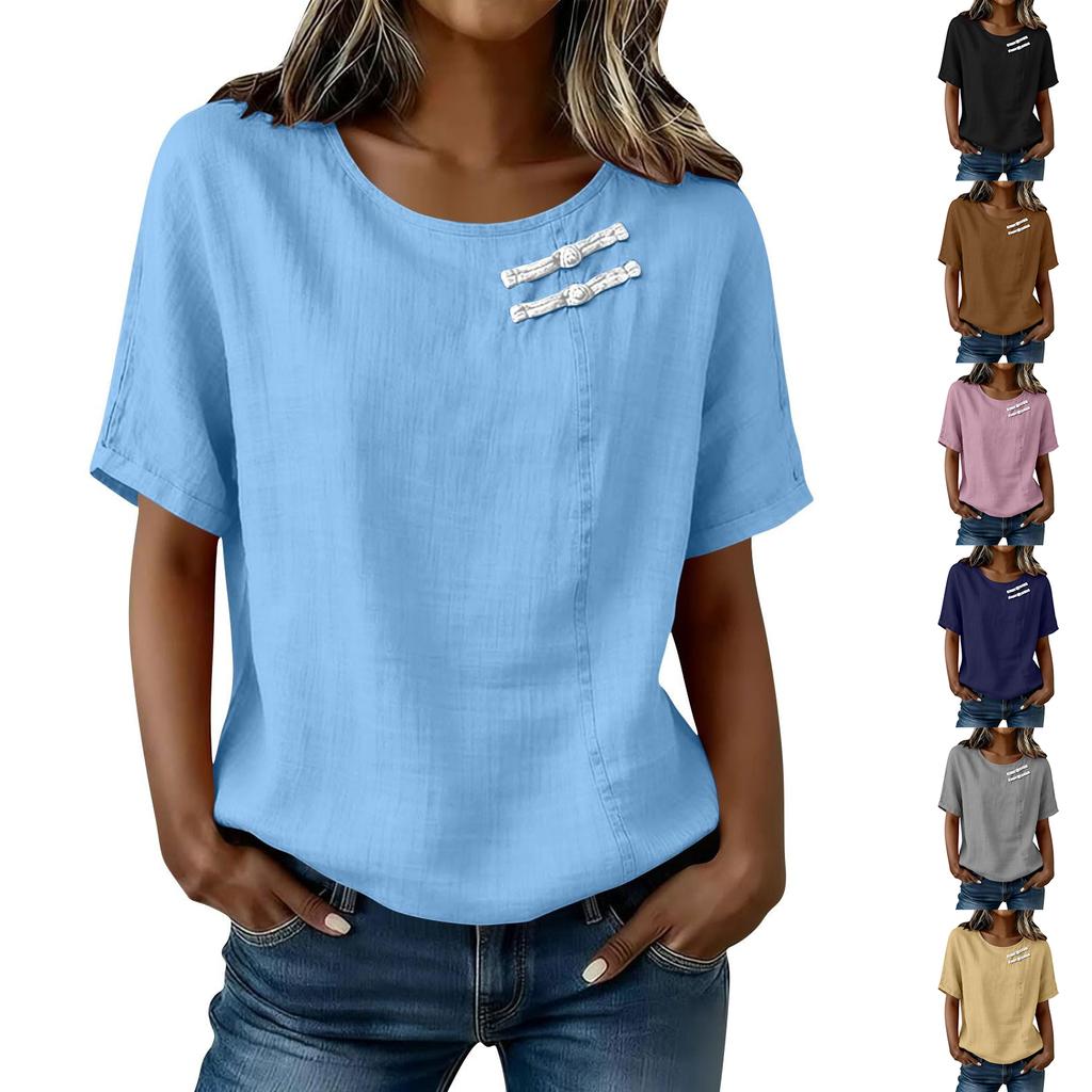 Women Short Sleeve Round Neck Button Shirt Casual Linen Blend Top Lightweight Breathable Summer Blouse with Decorative Buttons