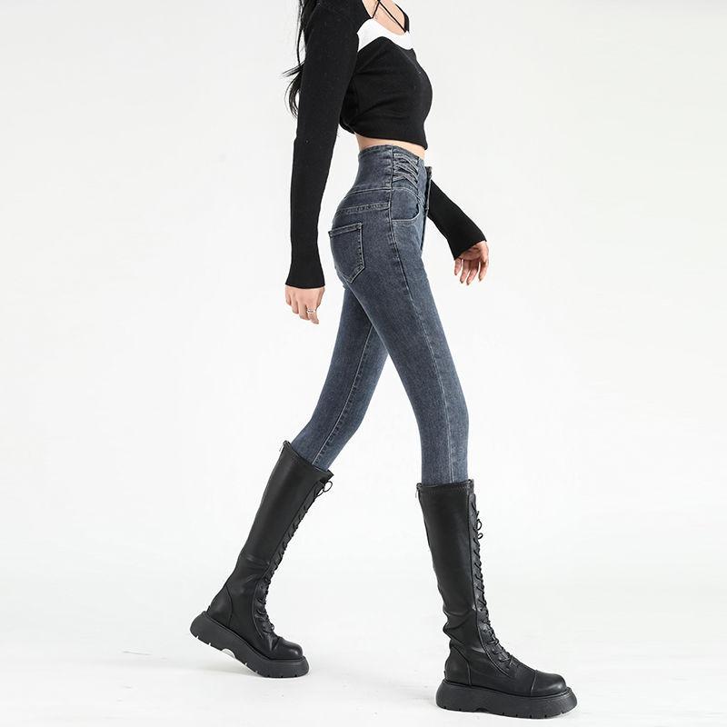 Women's High-waisted and Small-footed Jeans, the New Season Slim-fitting and Thin, Fleece Tight Pencil Winter Pants