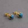 Tibetan Turquoise Round Yellow Gold Stud Earring, Gift For Her, Anniversary Gift, Silver Stud, 925 Sterling Silver, Birthday Gift