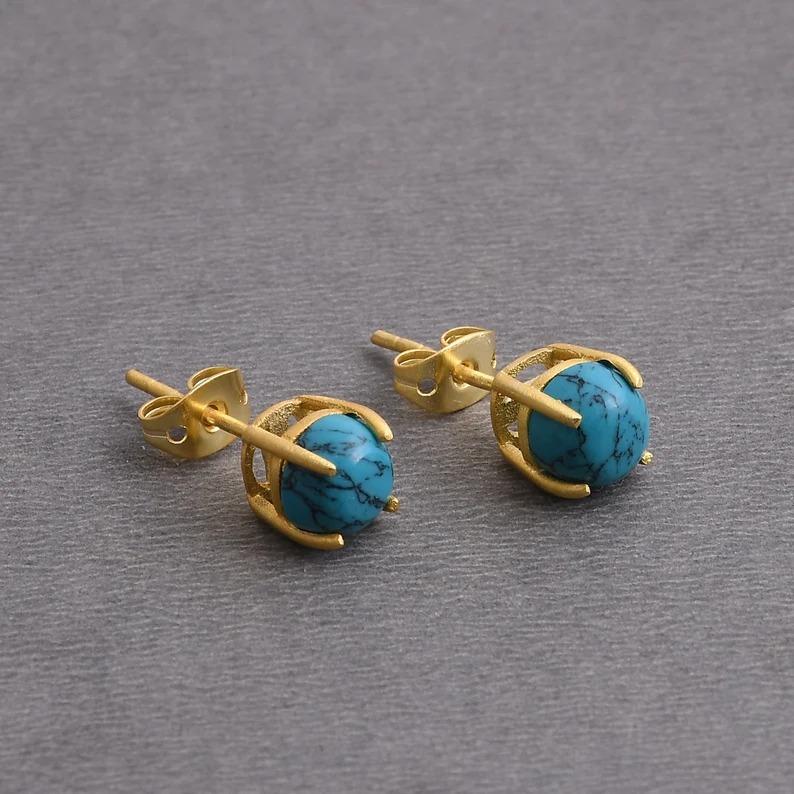 Tibetan Turquoise Round Yellow Gold Stud Earring, Gift For Her, Anniversary Gift, Silver Stud, 925 Sterling Silver, Birthday Gift