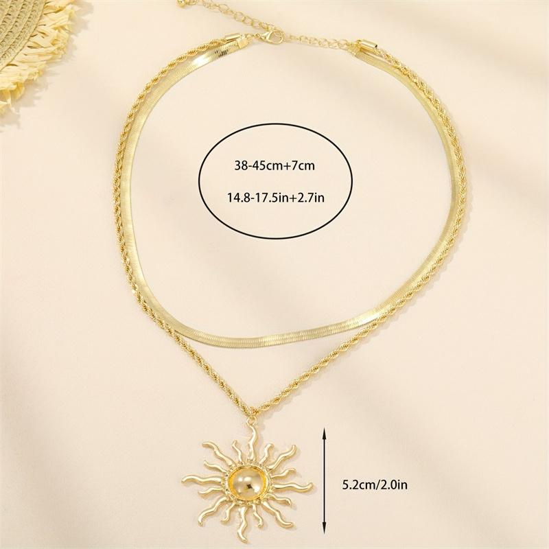 Luxury Double Layer Sun Flame Pendant Necklace for Women Gold Color Snake Bone Chain Necklace Beach Party Neck Jewelry Gifts