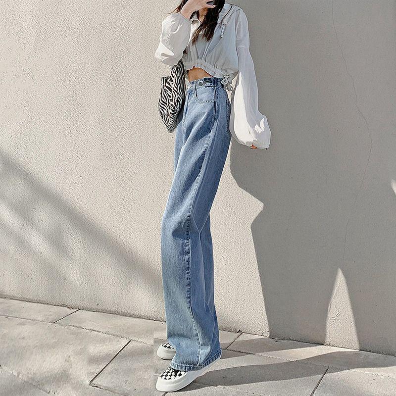 Women's High-Waisted Multi-Button Adjustable Jeans: Slimming Loose Fit Korean Style Wide-Leg Floor-Length Pants