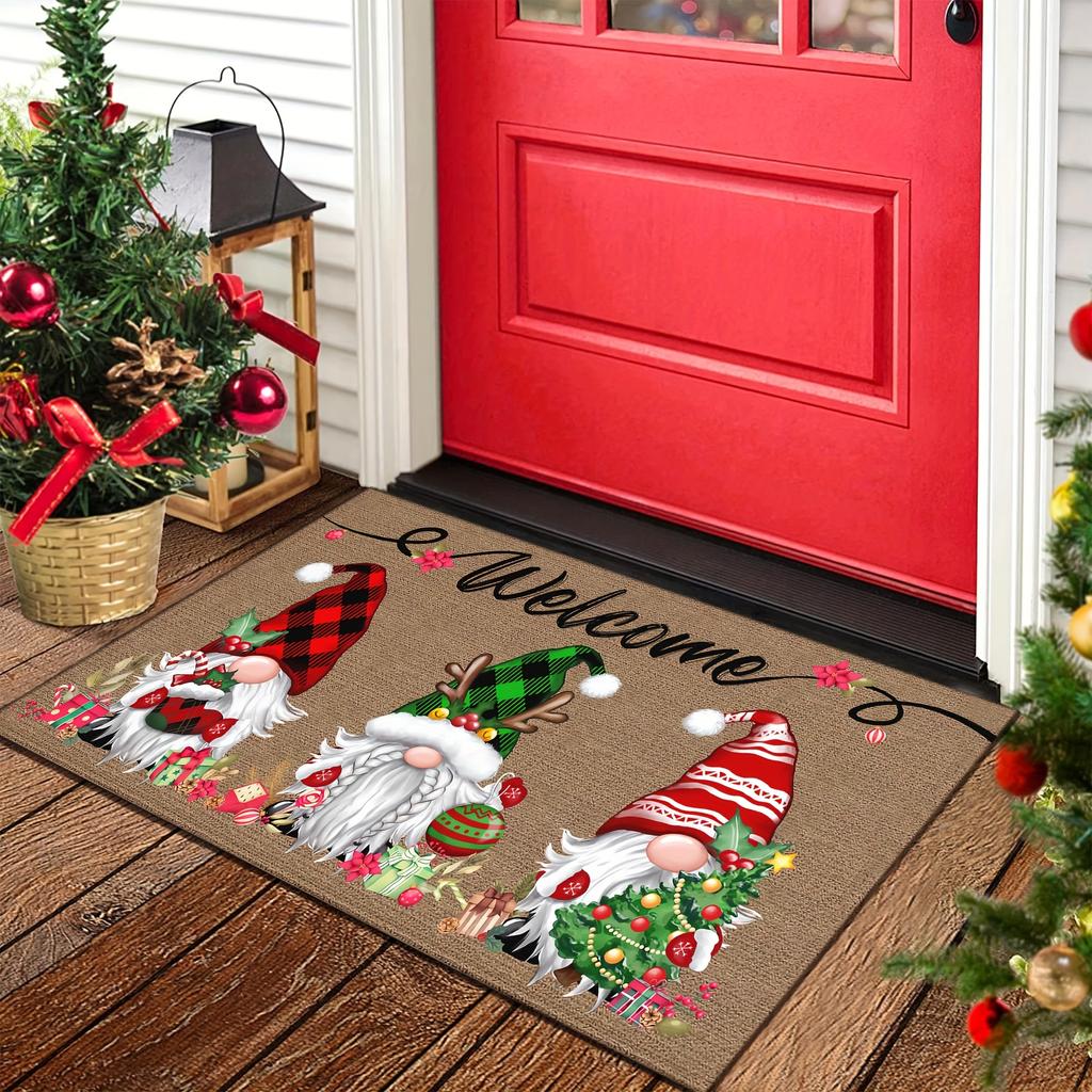 Festive Christmas Gnome Welcome Doormat Seasonal Charms, Durable Polyester Holiday Mat for Winter Home Decor , Christmas Decorations