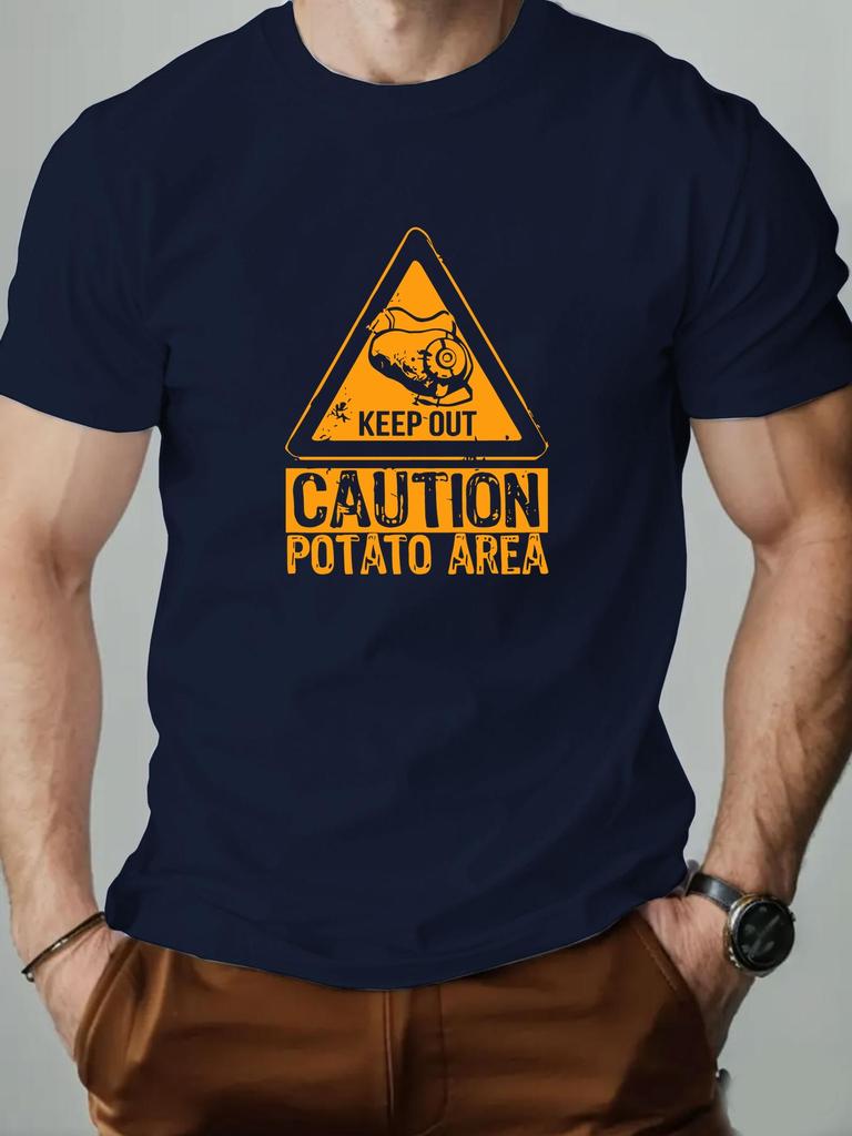 Mens cotton Tshirt CAUTION POTATO AREA summer round neck short sleeve graphic breathable fashion casual Tshirt