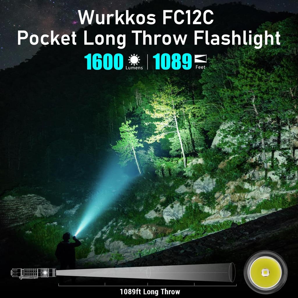 Wurkkos FC12C 1600 High 332 Meter Long Stepless Rechargeable LED Tactical IP68 Constant Ideal for Outdoor Repair and More Flashlight, Lumens, Output,