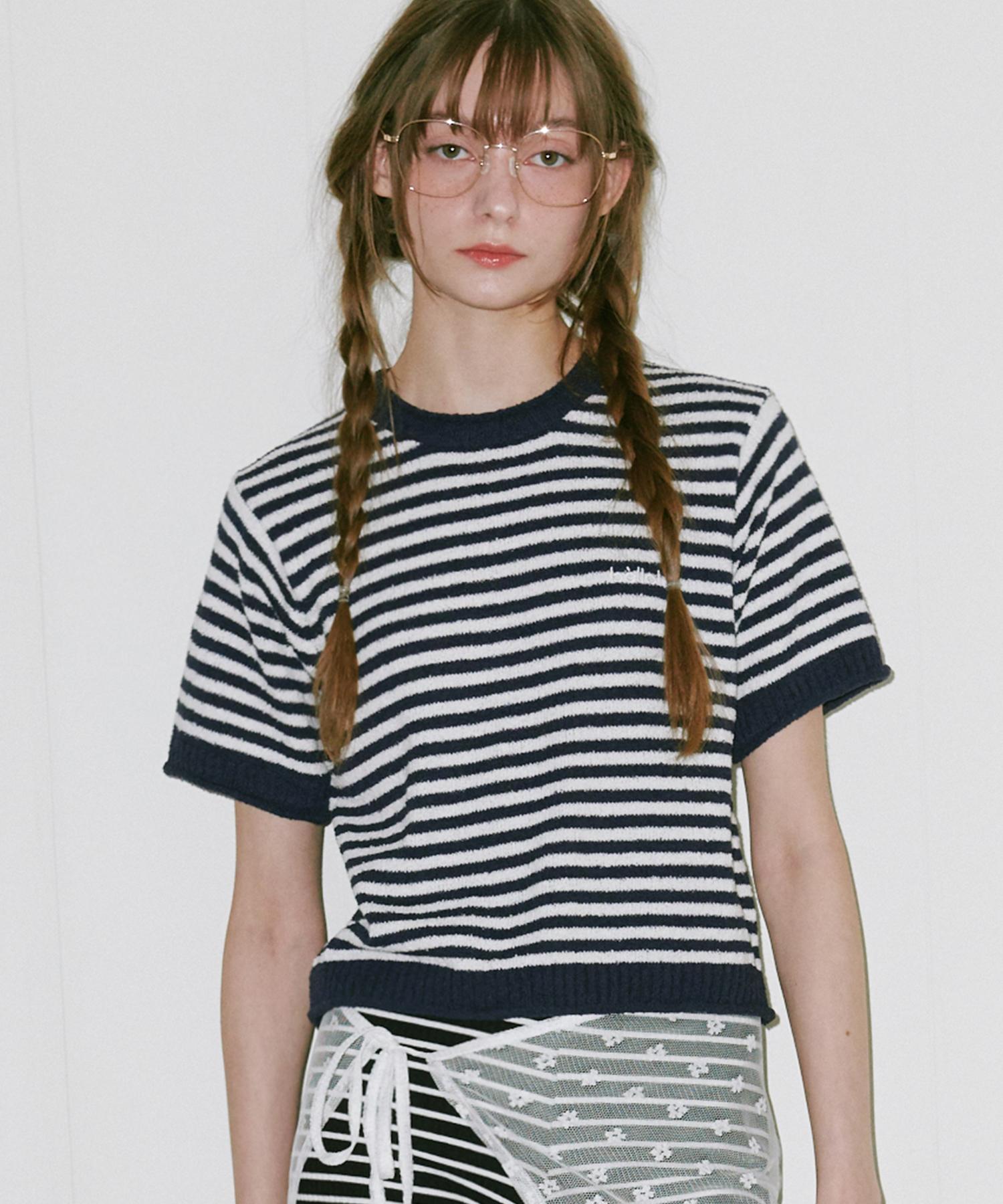 Belloel Round Stripe Half Sleeve Knit Navy Free