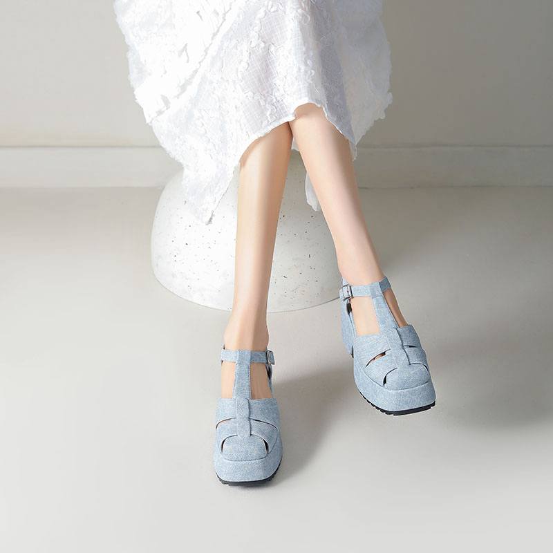 Krazing Pot Polyurethane Spring Summer Size 43 Size 42 Women Platform Women Square Toe Buckle Thick Bottom Pumps