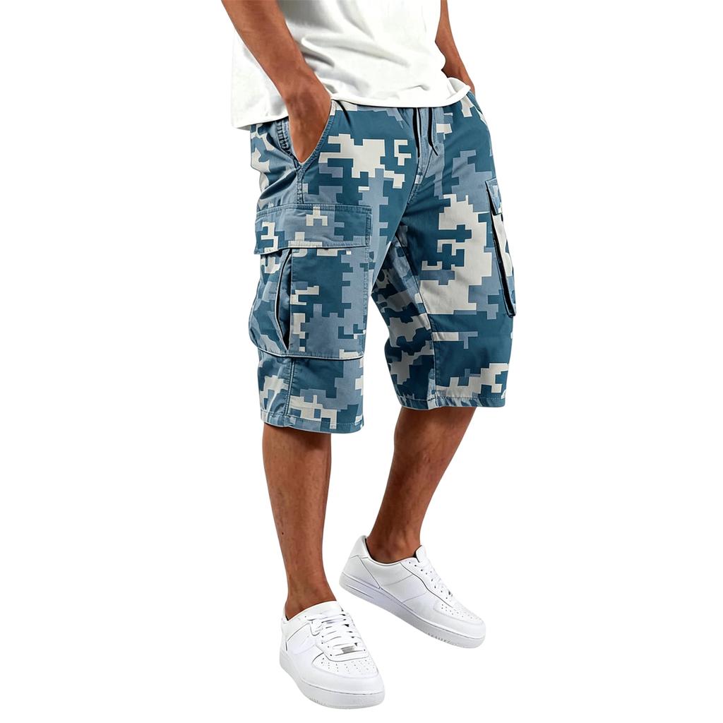 Herren Cargo-Shorts Mehrere Taschen Kordelzug Taille Lockerer Schnitt Knielang Camouflage-Muster Lässige Hose
