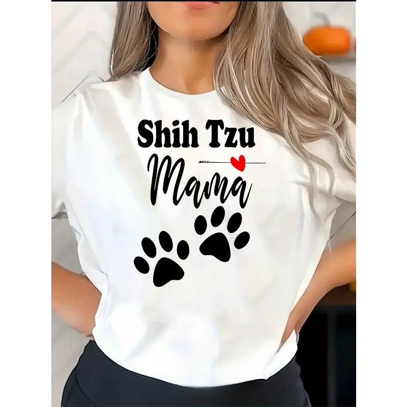 

European sizes Women s Paw Print Letter T-Shirt - Short Sleeve Summer Top with Dog Paw Prints & Alphabet Letters, Casual Round Neck Blouse 4XL білий