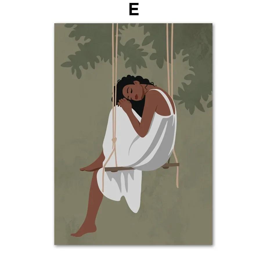 Abstract African Black Girl Swing Hand Flower Minimalist Wall Art Canvas Painting Posters for Living Room Modern Home Decor