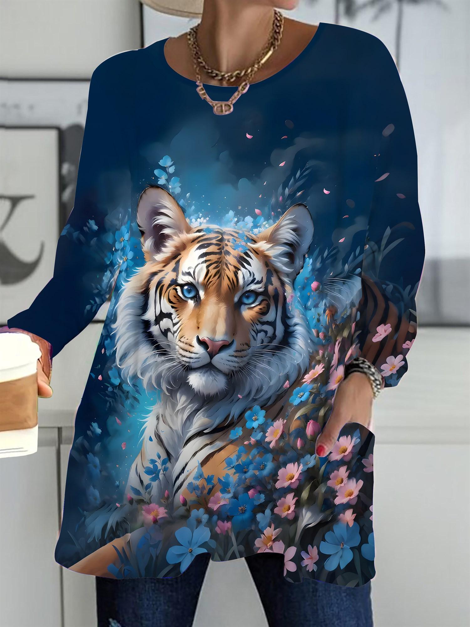

Осень-Зима 2025 Новые Женские Топы Большого Размера, Модные Футболки с 3D-принтом тигра, с круглым вырезом и длинным рукавом 3XL синий