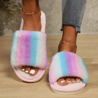 Mode Mode Baumwollpantoffeln Mischfarben Fellpantoffeln Damen 2025 Zehenfrei Flacher Absatz Warme Hausschuhe Frau Leichtgewichtige Indoor-Slipper