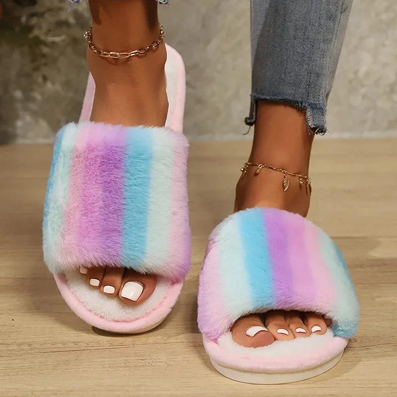 Fashion Fashion Cotton Slippers Mix Color Fur Slippers Women 2025 Open Toe Flat Heel Warm House Slippers Woman Lightweight Indoor Slides