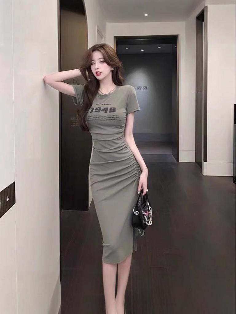 Chic Summer Side-Slit Dress with Drawstring Waist and Ruched Skirt