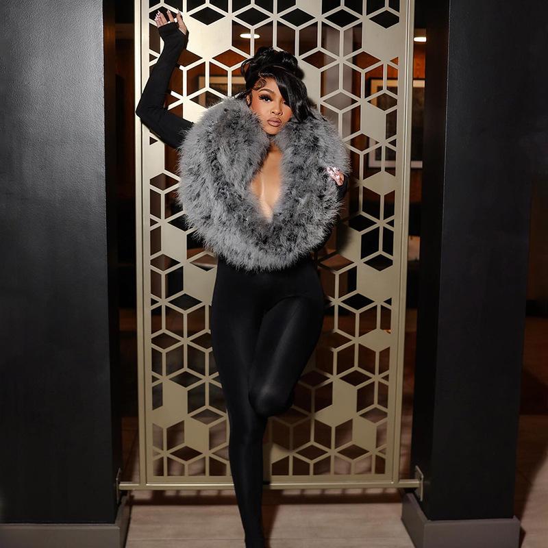 European Fashion Spicy Girl Autumn/Winter 2025 Women's Long Sleeve Fur Bodysuit Tights