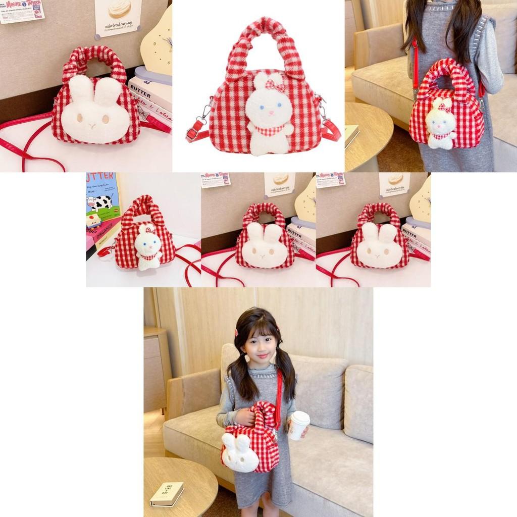Adorable Plush Rabbit Design Korean Style Shoulder Bag For Kids With Stylish Checkered Pattern