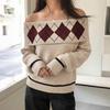 Women's Fashion Casual Fall Winter Rhombus Print Long Sleeve One Shoulder Tops Women's Clothing Woolen Knitwear Sweaters