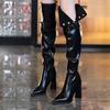 Women's Slim Heel Single Boots Winter New Sharp Head Rivet Side Zipper Thick Sole Non-slip Over The Knee High Heels