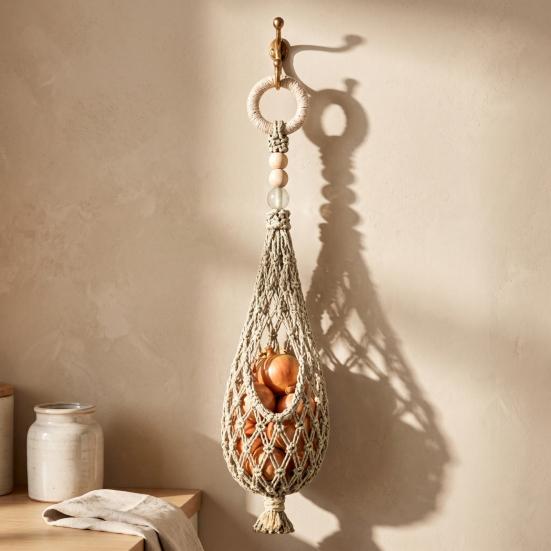 Onion And Potato Storage Keeper Handwoven Cotton Rope Mesh Bag, Wall-Mounted Bohemian Style Organizer, Kitchen Countertop Space Saver Breathable