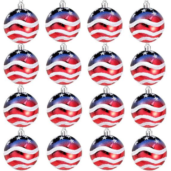 Iceyyyy 16 Pcs Independence Day Ball Ornament - 4th of July Patriotic Hanging Ball Decoration American Flag Ornament for Independence Day, Christmas