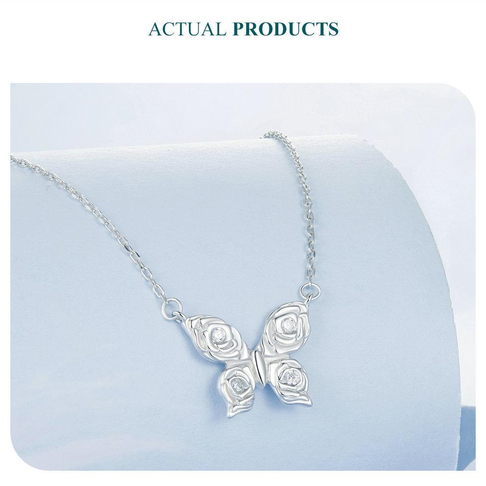 BAMOER 925 Sterling Silver Rose Butterfly Necklace Romantic Love Necklace Plated White Gold for Women Fine Jewelry