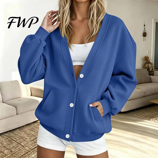 Relaxed Fit Cardigan Women Button Front V-Neck Cardigan, Solid Color Oversized Sweatshirt with Casual Jacket Dual Pockets, Long Sleeve for Fall Winter