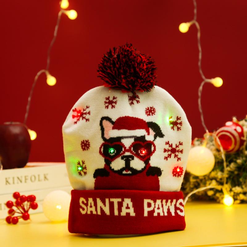 Cross-border Christmas decoration supplies cuffed knitted hat with ball LED light Santa Claus luminous hat for adults and children