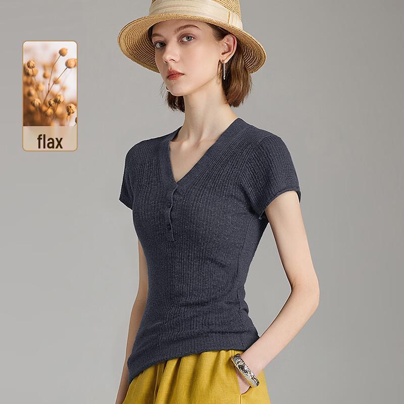 Wudao Tencel Linen Blend French V-Neck Knit Top M